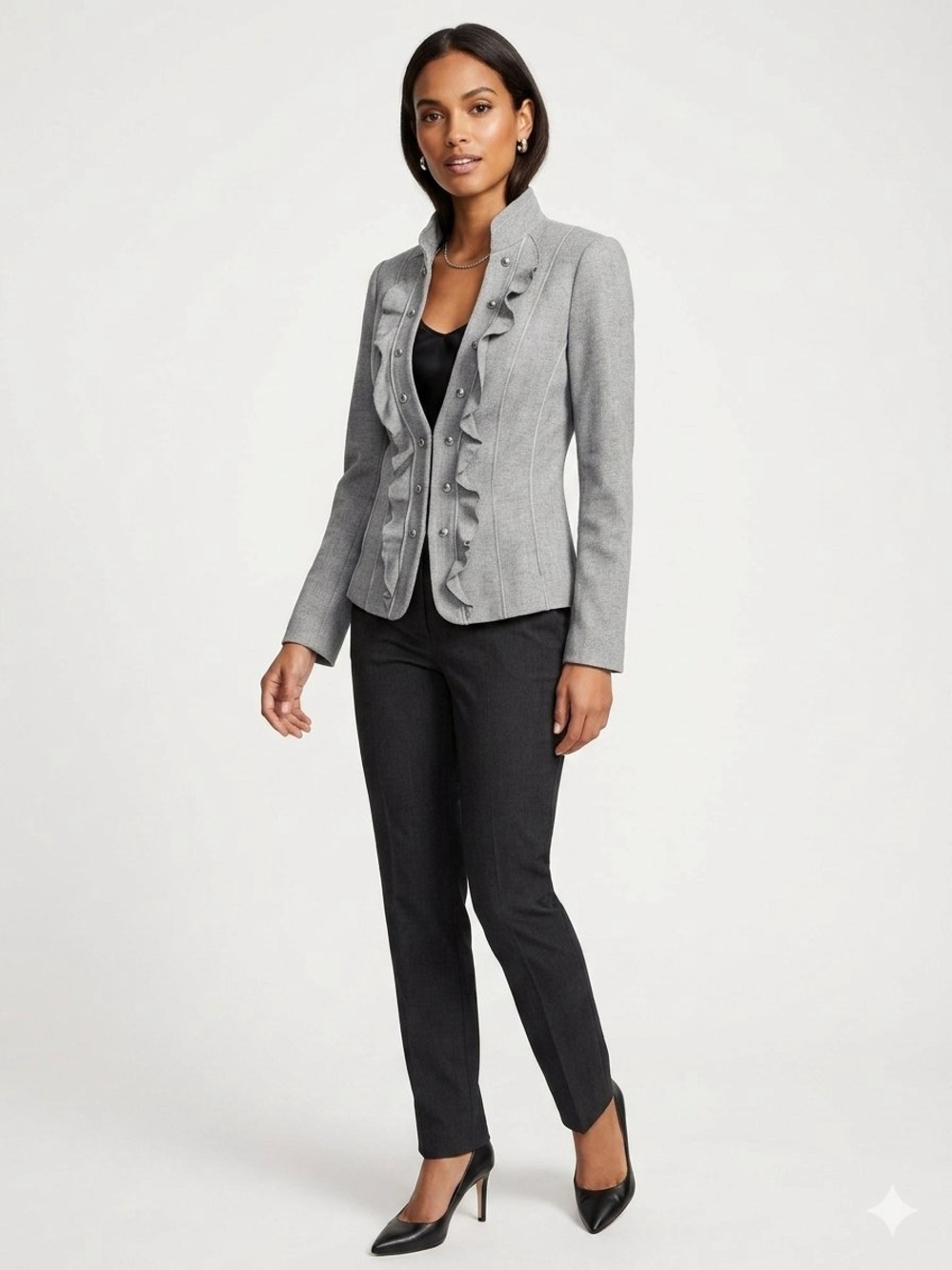 White House Black Market Gray Ruffle Military Blazer Jacket 2 Career Steampunk